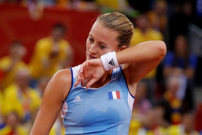 Tennis - Fed Cup - World Group Semi-Final - France v Romania - Kindarena, Rouen, France - April 20, 2019  France's Kristina Mladenovic reacts during her match against Rom