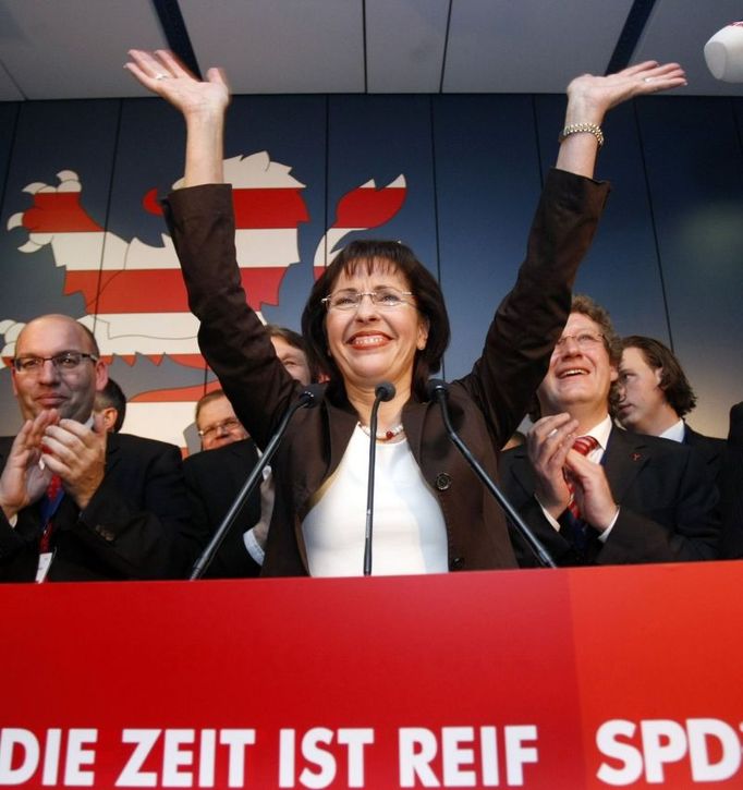 Andrea Ypsilanti, top candidate of the German Social Democratic Party (SPD), reacts on first exit polls for state elections at Hesse~~s state parliament in Wiesbaden January 27, 2008. REUTERS/Alex Grimm (GERMANY)