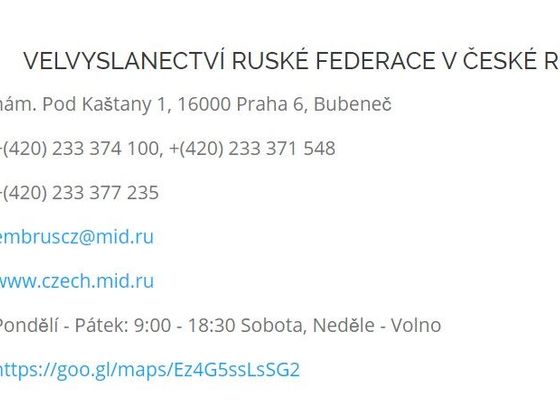 Kontaktní údaje ruského velvyslanectví v Praze ze dne 19. dubna 2020.