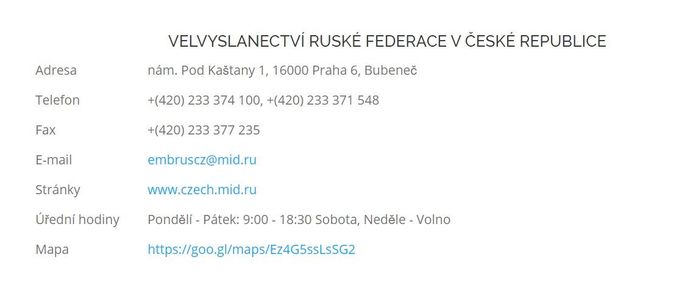 Kontaktní údaje ruského velvyslanectví v Praze ze dne 19. dubna 2020.