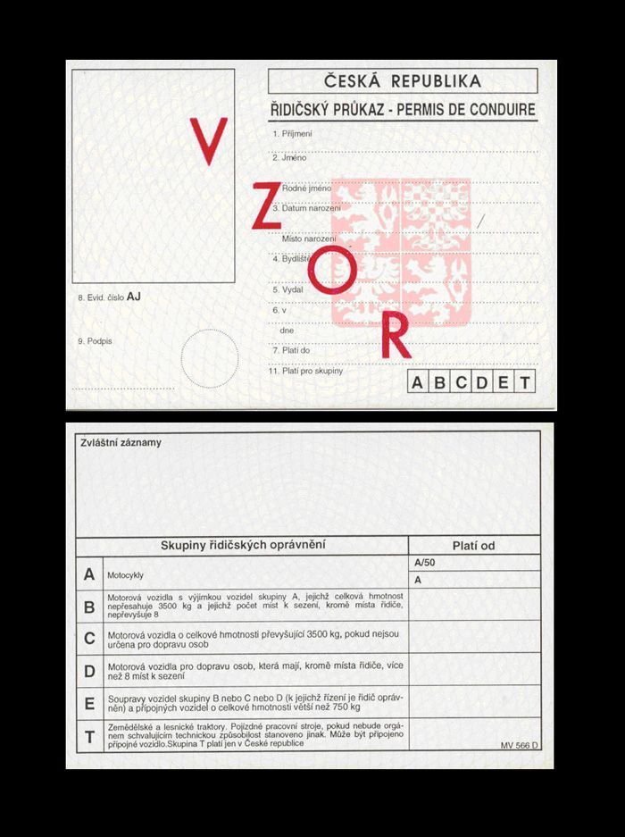 Řidičský průkaz, vydávaný v letech 1993 - 1996