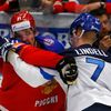 Russia's Malkin scuffles with Finland's Esa Lindell during their Ice Hockey World Championship game at the CEZ arena in Ostrava