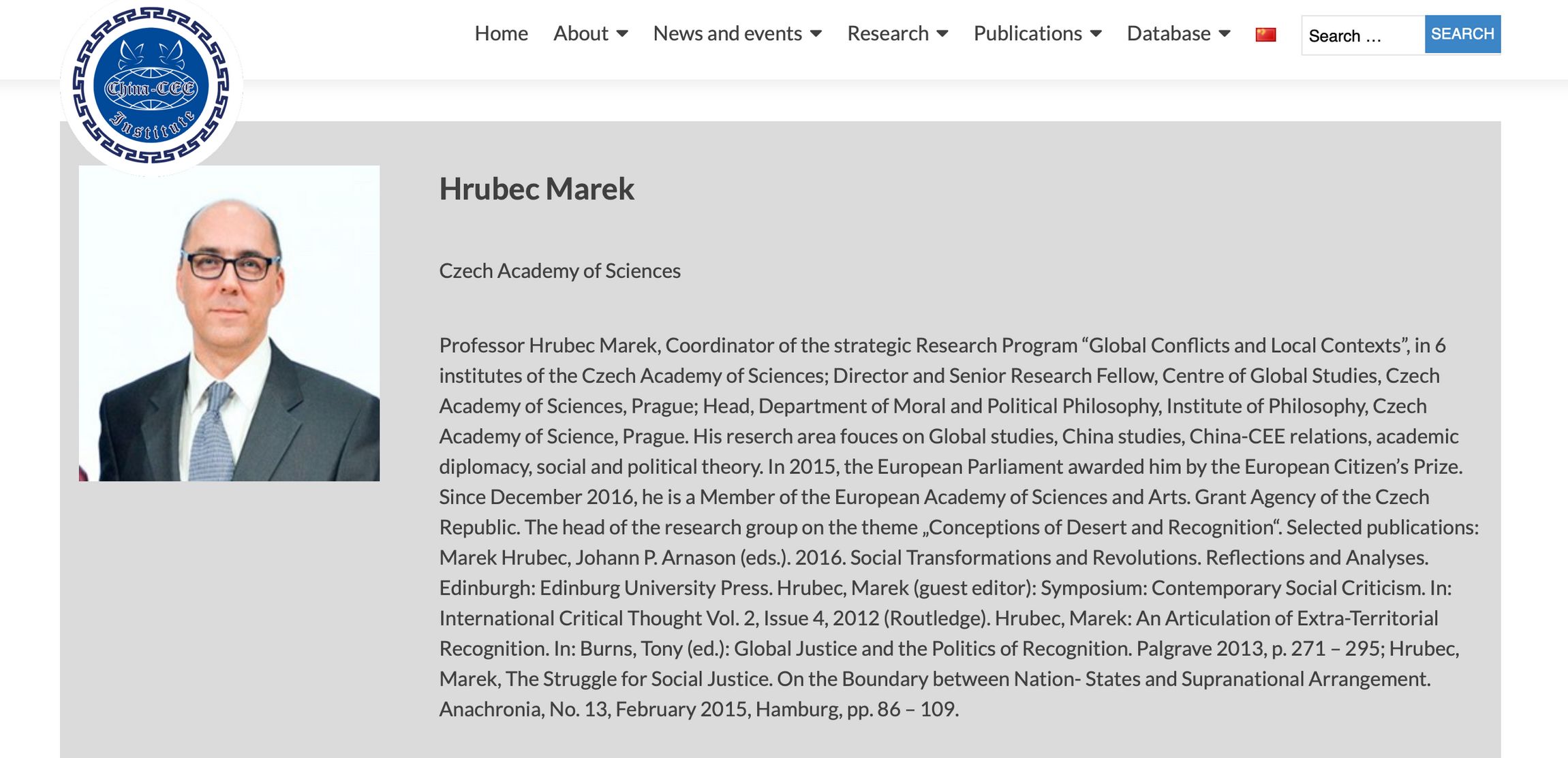 Čínský think-tank uvádí Marka Hrubce na svém webu jako člena své mezinárodní akademické rady.