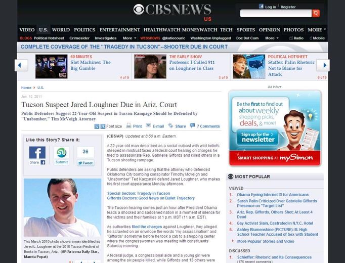 Print Screen - CBS News. Útočníkem byl dvaadvacetiletý Jared Loughner.