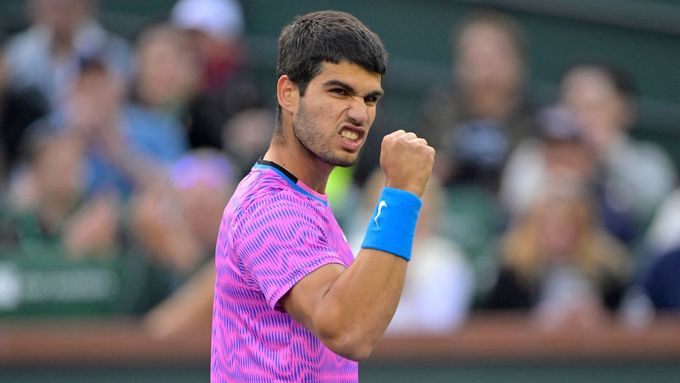 Mar 14, 2024; Indian Wells, CA, USA; Carlos Alcaraz (ESP) reacts after winning a point in his quarterfinal match as he defeated Alexander Zverev (GER) in the BNP Paribas
