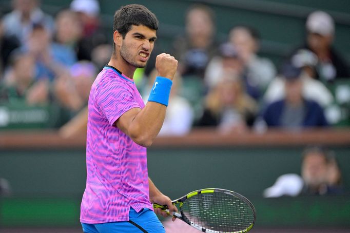 Mar 14, 2024; Indian Wells, CA, USA; Carlos Alcaraz (ESP) reacts after winning a point in his quarterfinal match as he defeated Alexander Zverev (GER) in the BNP Paribas