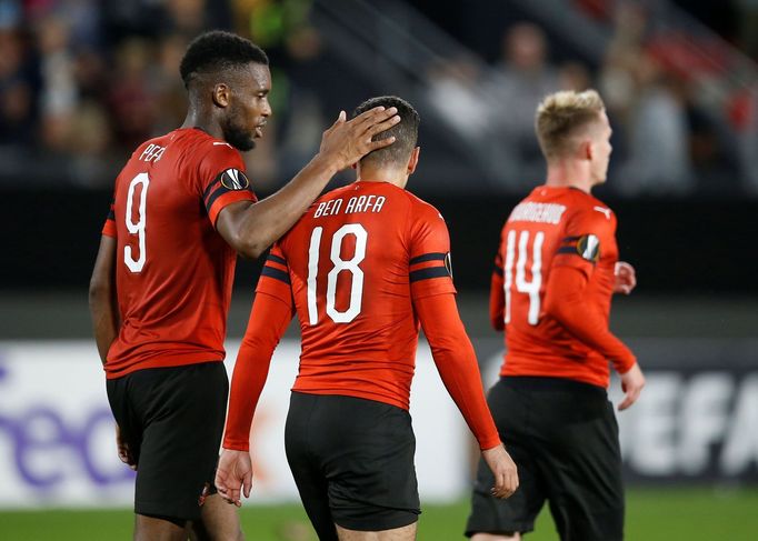 Radost fotbalistů Rennes po gólu do sítě Jablonce