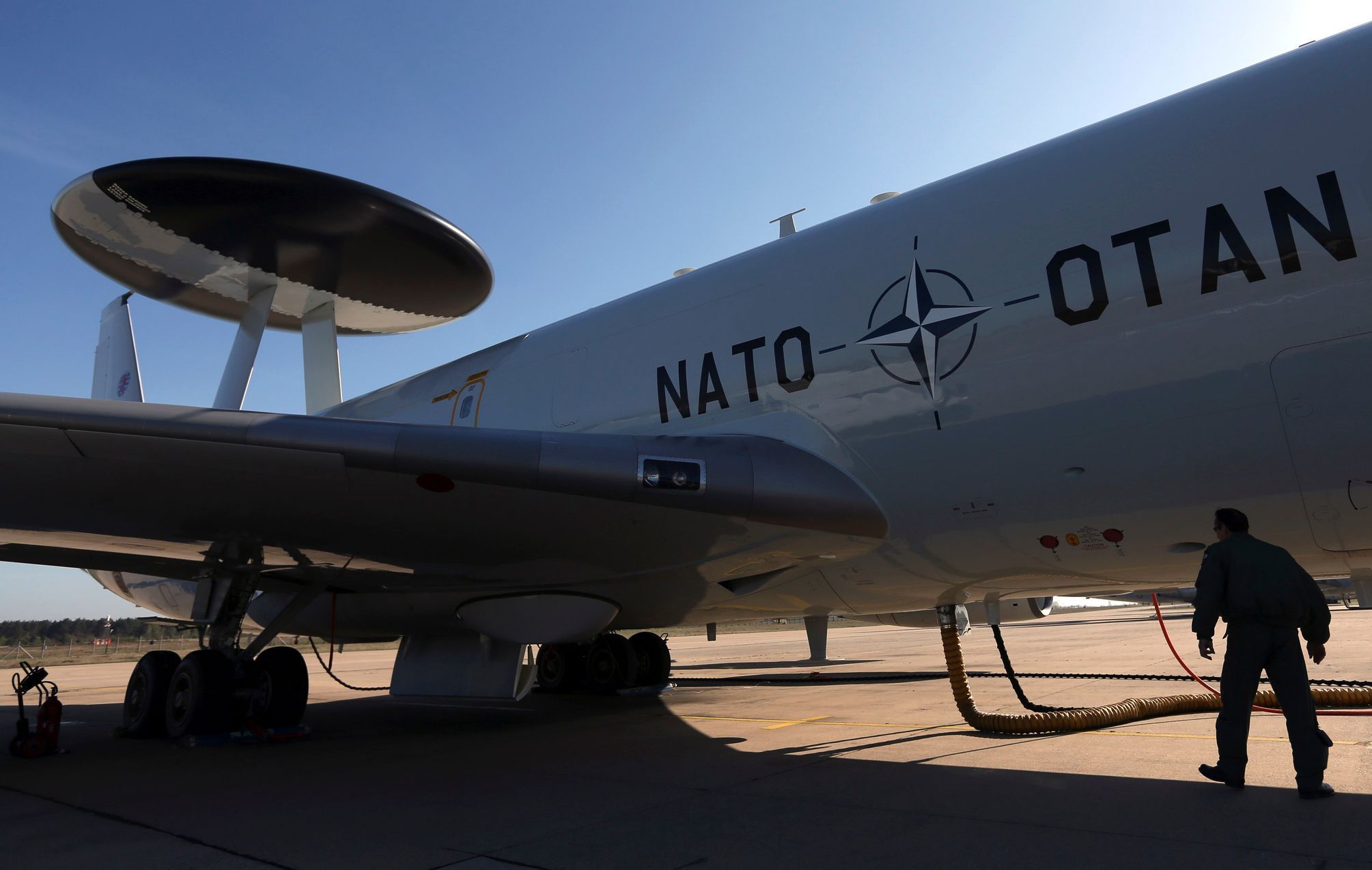 NATO officer inspects a AWACS aircraft at AWACS air base in Geilenkirchen near the German-Dutch border