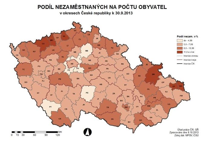 Podíl nezaměstnanosti podle regionů v září 2013