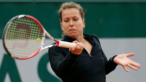 Barbora Zahlavova Strycova of the Czech Republic returns a forehand to Heather Watson of Britain during their women's singles match at the French Open tennis tournament a