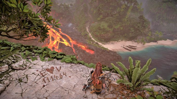 Snímek z DLC Burning Shores ze hry Horizon: Forbidden West.