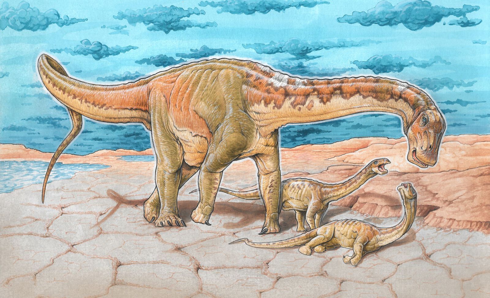 Ilustrace, jak vypadal Lavocatův ještěr, nově nalezený druh dinosaura.