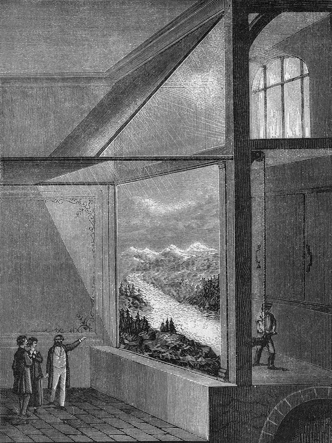 Vue du diorama de Louis Daguerre Image: 0167019380, License: Rights managed, Restrictions: Utilisation exclusivement editoriale. Droits additionnels requis pour utilisation commerciale ou promotionnelle, y compris couvertures de livres. RDA ne garantit pas les droits a l'image de la personne representee. L'image ne doit pas etre modifiee., Vue du diorama de Louis Daguerre (1787-1851) et du mode de changement du tableau gravure extraite du livre "Album de la science savant illustres grandes decouvertes" 1899 --- The diorama of Louis Daguerre (1787-1851) engraving, Model Release: No or not aplicable, Credit line: Profimedia.cz, Rue des Archives