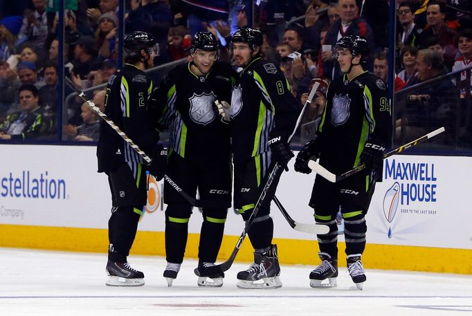 Jan 25, 2015; Columbus, OH, USA; Team Foligno forward Radim Vrbata (17) of the Vancouver Canucks celebrates with teammates after scoring a goal in the first period in the