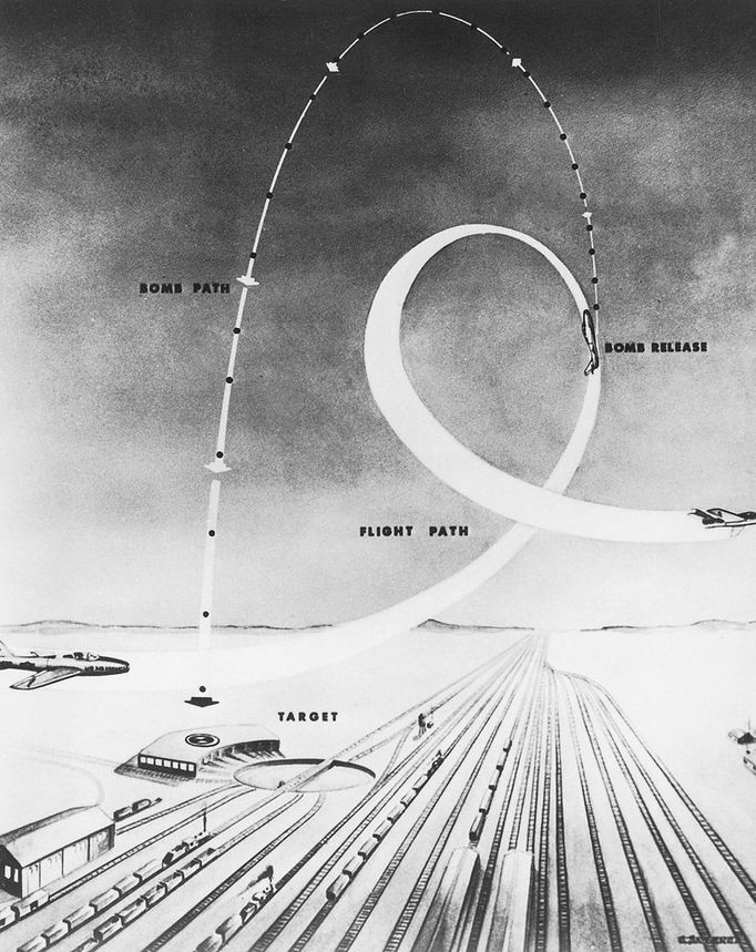 Bombe atomique Maquette du trajet que doit effectuer un avion (americain) pour le largage d'une bombe atomique nucleaire Sketch of the flight that should be done by an (american) plane for the dropping of an atomic nuclear bomb