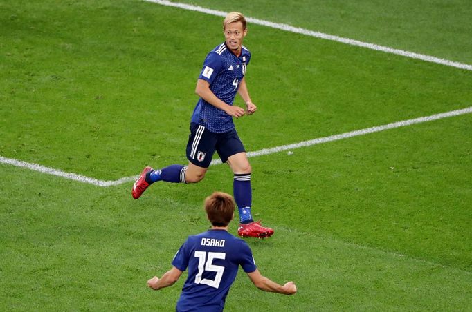 Keisuke Honda slaví gól v zápase Japonsko - Senegal na MS 2018