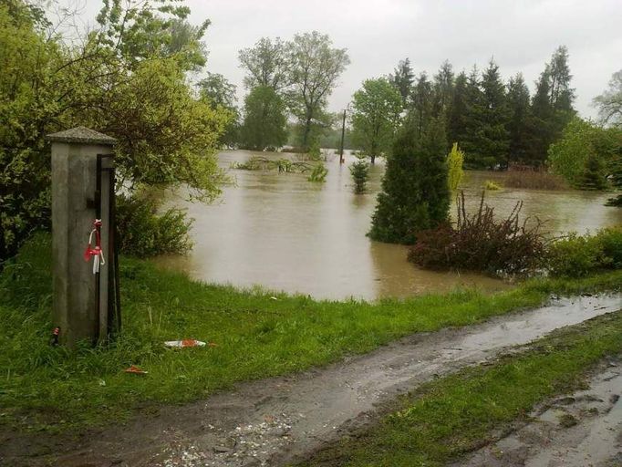 Voda se tlačí do Věřňovic jinak, než při minulých povodních - co kdysi odteklo, dneska zatím drží dálniční val nově postaveného úseku. Kde voda nikdy nebyla - ani při největších záplavách - tam teďka je a pořád stoupá.