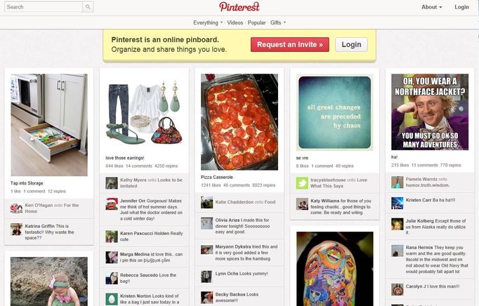 Domovská stránka sociální sítě Pinterest.