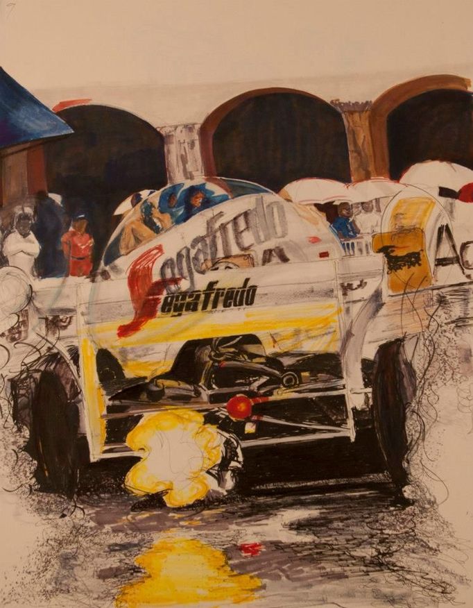 Ayrton Senna v deštivém Monaku roku 1984 prohrál pouze s Alainem Prostem. Kolorovaná kresba.