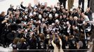 Jun 13, 2014; Los Angeles, CA, USA; The Los Angeles Kings pose for a team photo with the Stanley Cup after defeating the New York Rangers in the second overtime period in