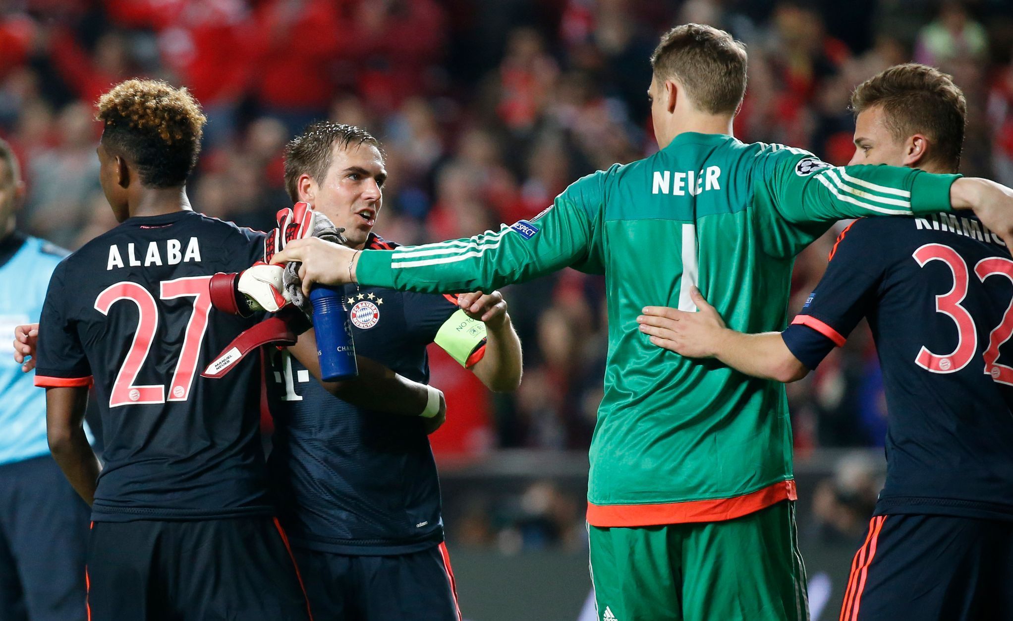 (L - R) Bayern Munich's David Alaba, Philipp Lahm, Manuel Neuer and Joshua Kimmich celebrate winning after the match