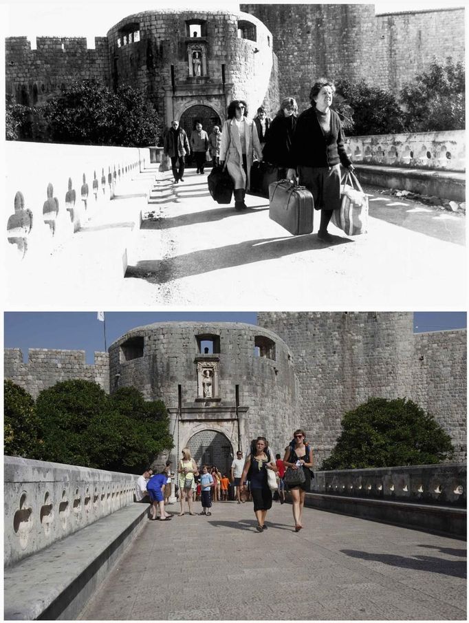 A combination picture shows people leaving Old Town in 1991 (top) and tourists walking out of Old Town in 2012 in Dubrovnik. The city of Dubrovnik was severely damaged due to the shelling by Serb-dominated Yugoslav troops during Croatia's 1991-95 war of independence. REUTERS/Antonio Bronic (CROATIA - Tags: CIVIL UNREST CONFLICT TRAVEL) Published: Čec. 31, 2012, 3:44 odp.