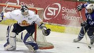 Miroslav Štefanka z Nitry (vpravo) a brankář Zvolena Miroslav Šimonovič (vlevo) v utkání slovenské hokejové extraligy.