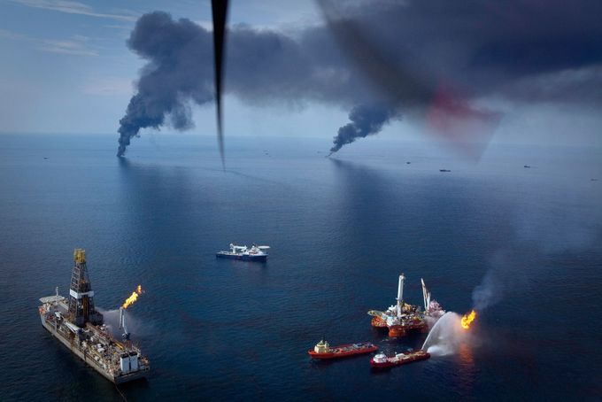 Oil is burned off the surface of the water near the source of the Deepwater Horizon spill in the Gulf of Mexico off the coast of Louisiana