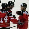 Canada's Eberle celebrates his goal against the Czech Republic with team mates during their Ice Hockey World Championship game against Sweden at the O2 arena in Prague