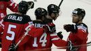 Canada's Jordan Eberle (C) celebrates his goal against the Czech Republic with team mates during their Ice Hockey World Championship game against Sweden at the O2 arena i