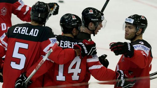 Canada's Jordan Eberle (C) celebrates his goal against the Czech Republic with team mates during their Ice Hockey World Championship game against Sweden at the O2 arena i