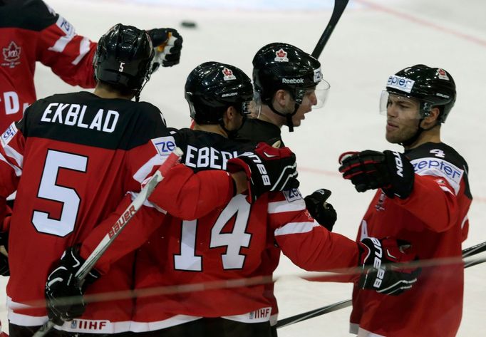 Canada's Jordan Eberle (C) celebrates his goal against the Czech Republic with team mates during their Ice Hockey World Championship game against Sweden at the O2 arena i