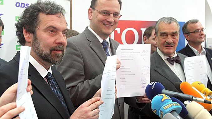 The leaders (from left to right). Radek John (Public Affairs), Petr Nečas (ODS), Karel Schwarzenberg (TOP 09)