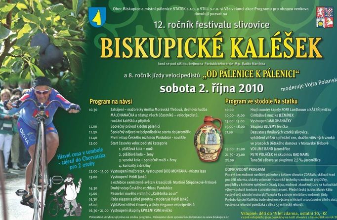 Z plakátu zvoucího na letošní slavnost "Biskupické kaléšek". Tradiční akce je hlavně ve znamení pálenky a velocipedů.