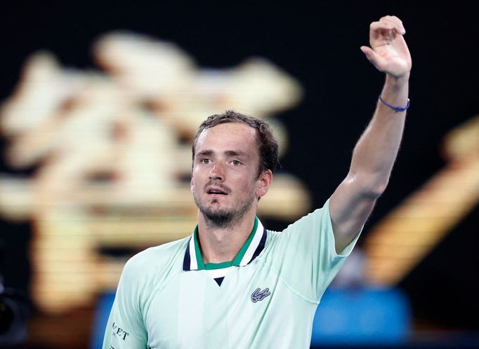 Tennis - Australian Open - Melbourne Park, Melbourne, Australia - January 27, 2022  Russia's Daniil Medvedev celebrates winning his quarter final match against Canada's F