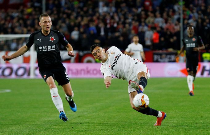 fotbal, Evropská liga 2018/2019, FC Sevilla - Slavia Praha, Vladimír Coufal a Munir El Haddadi