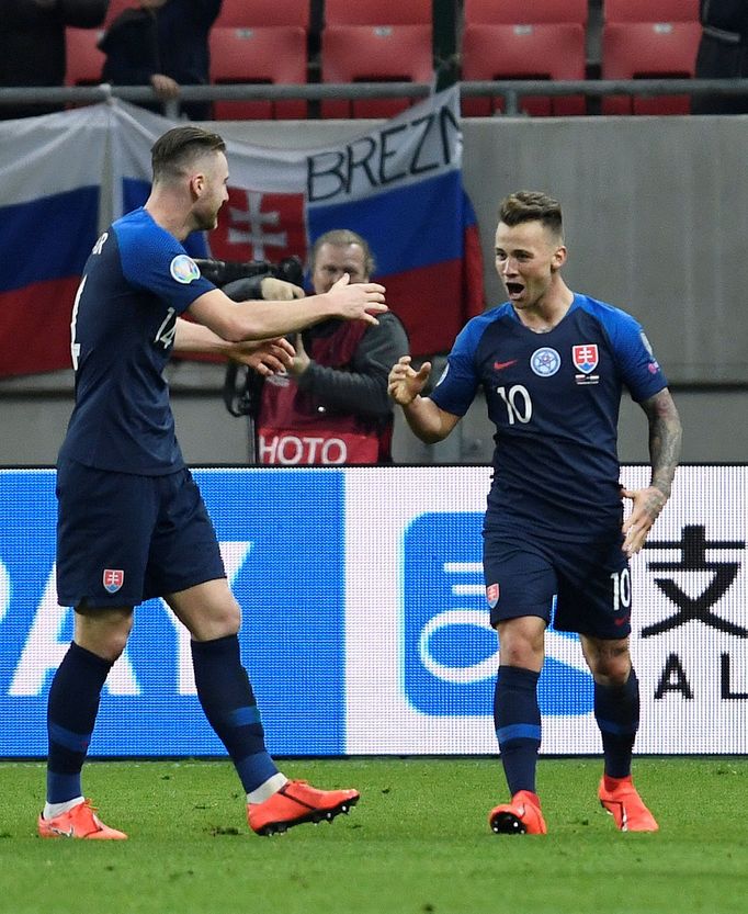 Soccer Football - Euro 2020 Qualifier - Group E - Slovakia v Hungary - City Arena, Trnava , Slovakia - March 21, 2019  Slovakia's Albert Rusnak celebrates scoring their s