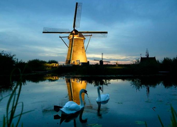 Pár labutí plave v popředí osvětleného vodního mlýna za soumraku v Kinderdijku, Holandsku, 6. září 2003. Kinderdijk, známý svojí sbírkou funkčních vodních mlýnů, osvětluje všechny mlýny, aby oznámil konec turistické sezóny.