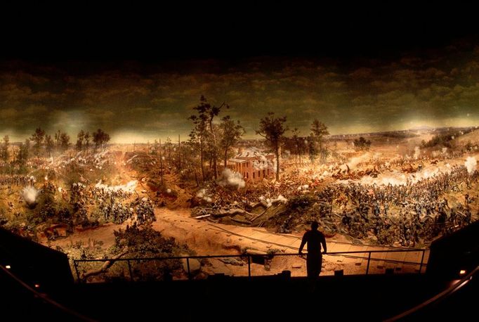 360 Degree Mural of Civil War Battle Image: 0015035505, License: Rights managed, Restrictions: Not available for use in Corbis Merchandise., The revolving studio of The Atlanta Cyclorama circles around a large painting and diorama which depicts the story of the 1864 Battle for Atlanta. | Location: Atlanta Cyclorama, Atlanta, Georgia, USA., Property Release: No or not aplicable, Model Release: No or not aplicable, Place: Atlanta, Georgia, USA, Credit line: Profimedia.cz, Corbis