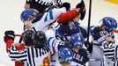 Finland and Canada players fight during during the second period of their men's ice hockey World Championship quarter-final game at Chizhovka Arena in Minsk May 22, 2014.