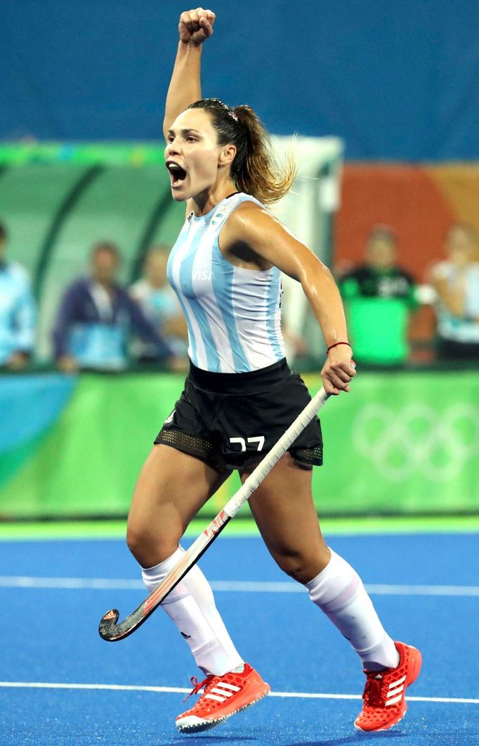 Women's Quarterfinal Match Netherlands v Argentina - Olympic Hockey Centre - Rio de Janeiro, Brazil - 15/08/2016. Noel Barrionuevo (ARG) of Argentina celebrates