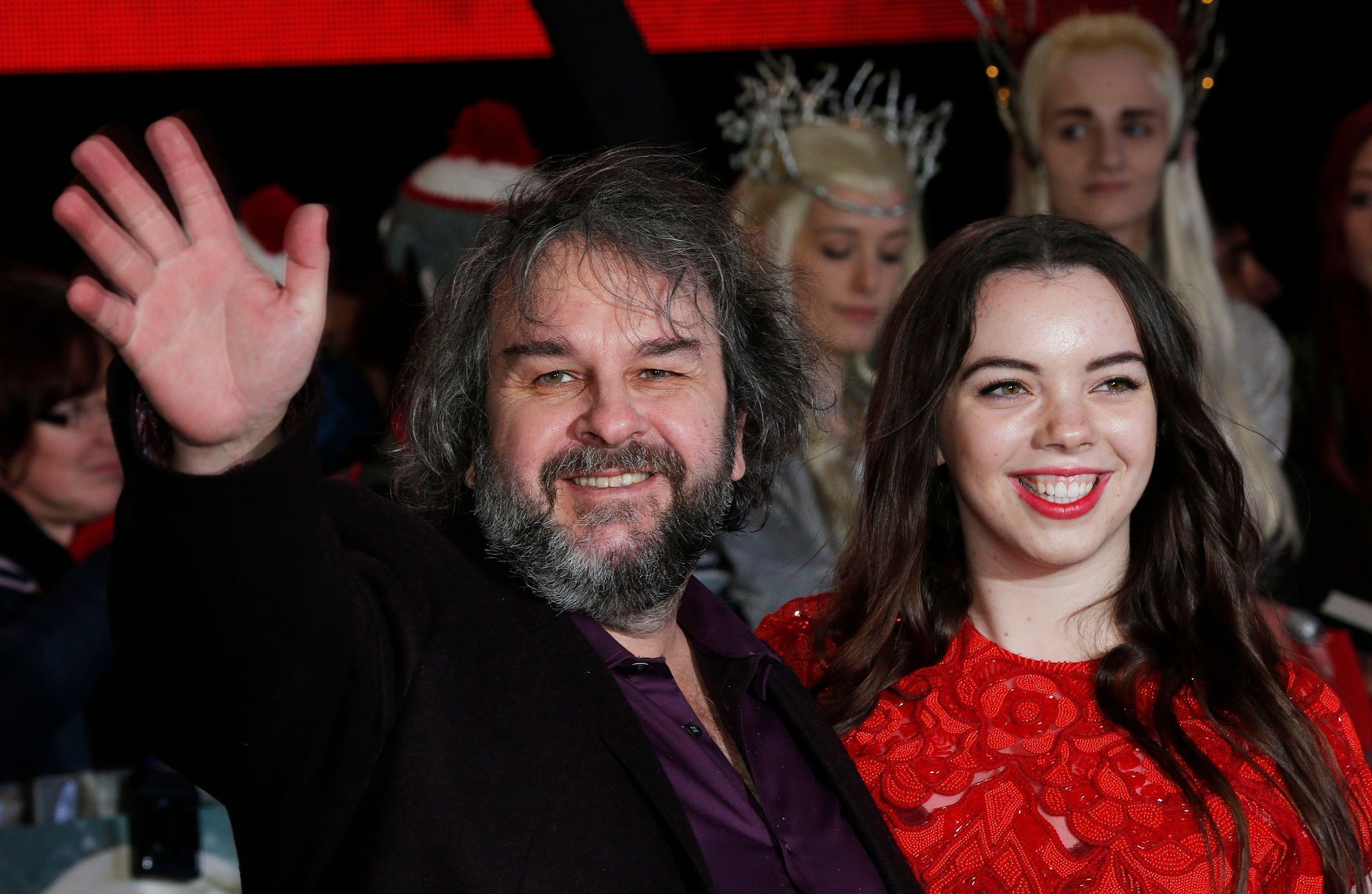 Director Jackson poses with his daughter Katie as they arrive for the world film premiere of &quot;The Hobbit: The Battle of the Five Armies&quot; at Leicester Square in central London