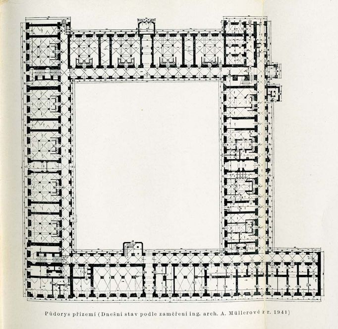 Nákres půdorysu s přízemím Invalidovny, který vypracovala v roce 1941 architekta Ing. Augusta Müllerová.