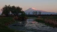 Mokřady nedaleko města Metsamor s majestátní horou Ararat.