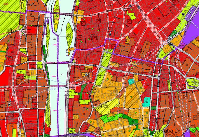 Detail centrální části města v současném návrhu nového územního plánu Prahy
