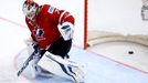 Canada's goaltender James Reimer reacts after a goal of Jiri Novotny of the Czech Republic (unseen) during the third period of their men's ice hockey World Championship g