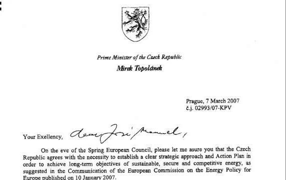 Barroso, Topolánek, dopis, EK, komise, jaderná energie