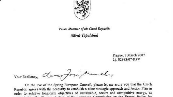 Z dopisu Topolánka šéfovi EK Barrosovi.