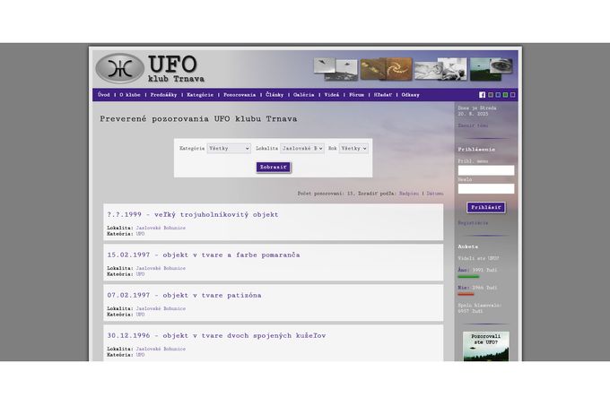 Reprofoto webu UFO klubu Trnava: výpis hlášení o UFO pro lokalitu Jaslovské Bohunice z 90. let. Ilustrační snímek