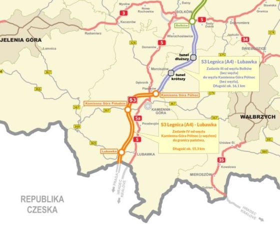 Mapa ukazuje, kudy povede polská rychlostní silnice S3. U města Lubawka se má napojit na dálnici D11.